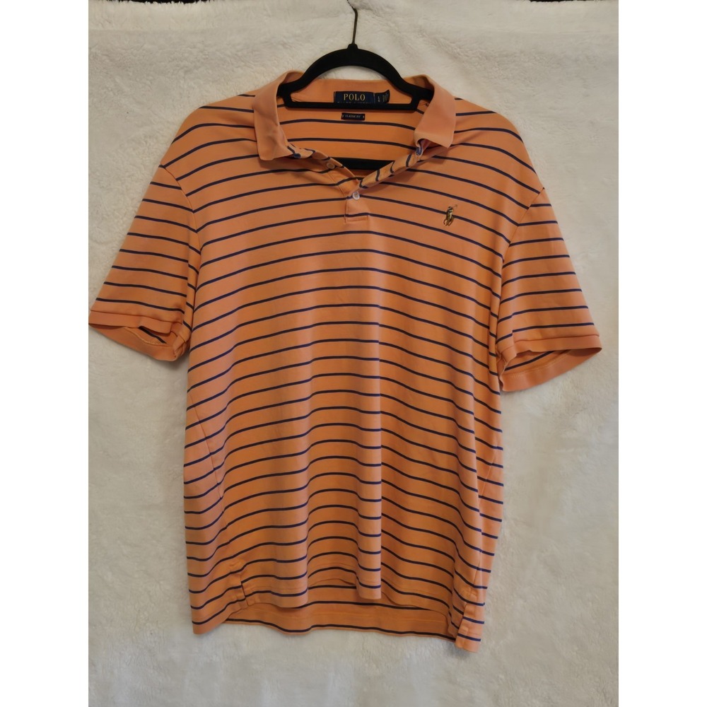 Polo Ralph Lauren Mens Large‎ Classic Fit Orange With Blue Stripes